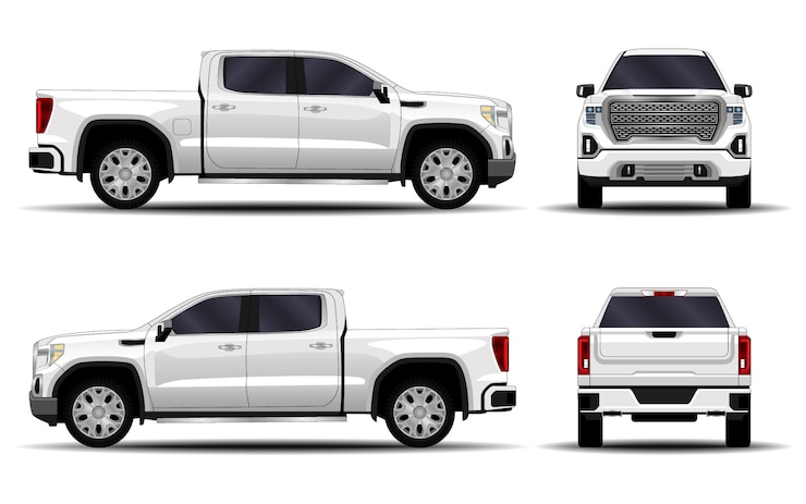 Vector coche realista camión, camioneta. vista frontal; vista lateral; vista trasera.
