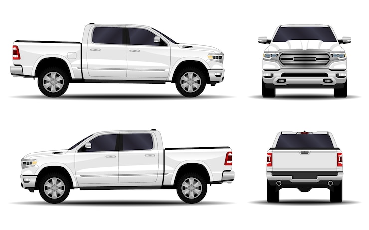 Vector coche realista camión, camioneta. vista frontal; vista lateral; vista trasera.