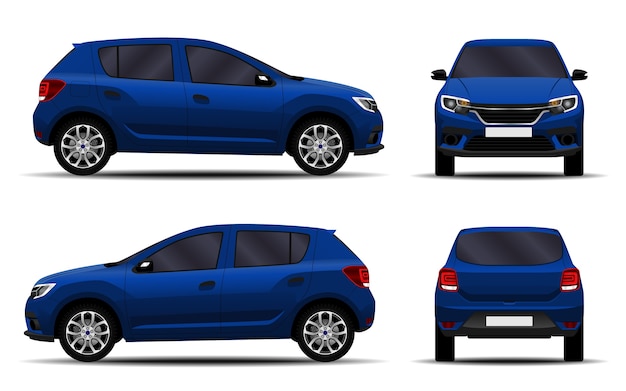 Vector coche realista. hatchback. vista frontal, vista lateral, vista posterior.