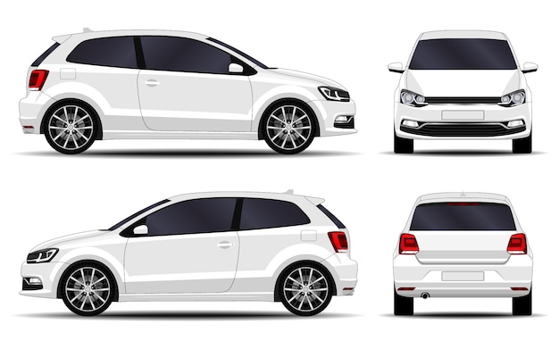 Coche realista hatchback vista frontal, vista lateral, vista posterior.