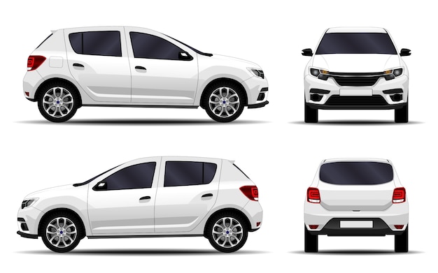 Coche realista hatchback vista frontal, vista lateral, vista posterior.