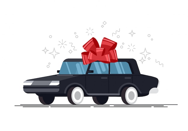 Coche de regalo con lazo rojo, ilustración