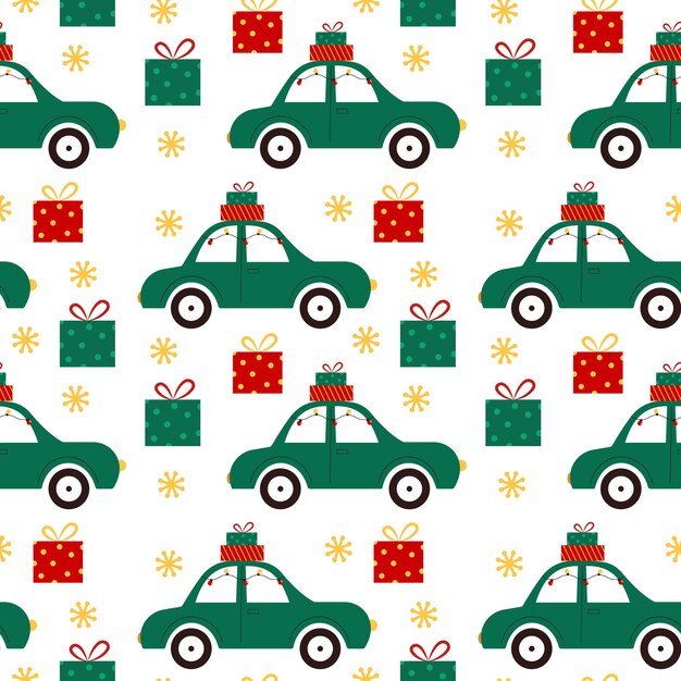 coche, con, regalos, adornado, con, guirnaldas, seamless, patrón