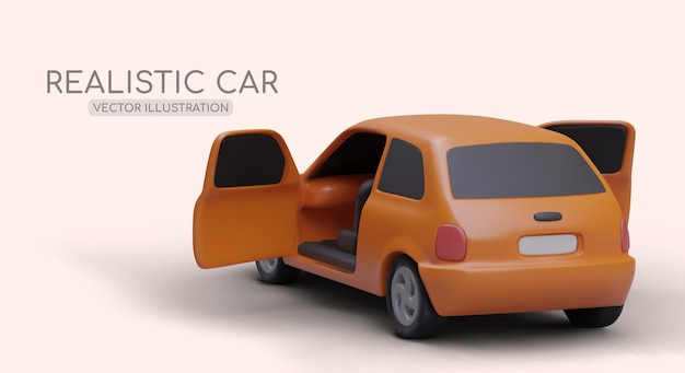 Vector coche de renderizado 3d de dibujos animados con puertas abiertas esperando al conductor concepto de transporte de la ciudad afiche para la empresa de venta y alquiler de automóviles ilustración vectorial en colores rojos