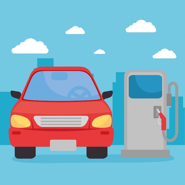 Coche en repostaje con combustible de aceite, vehículo sedán en la estación de combustible