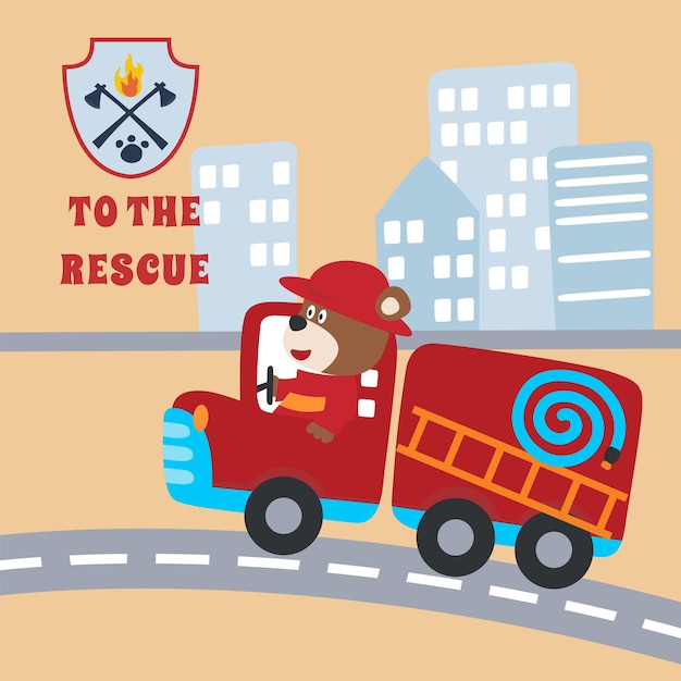 Coche de rescate de incendios con dibujos animados de vector de bombero divertido Ilustración de vector de dibujos animados Fondo infantil de vector creativo para tela textil vivero papel tapiz tarjeta cartel y otra decoración