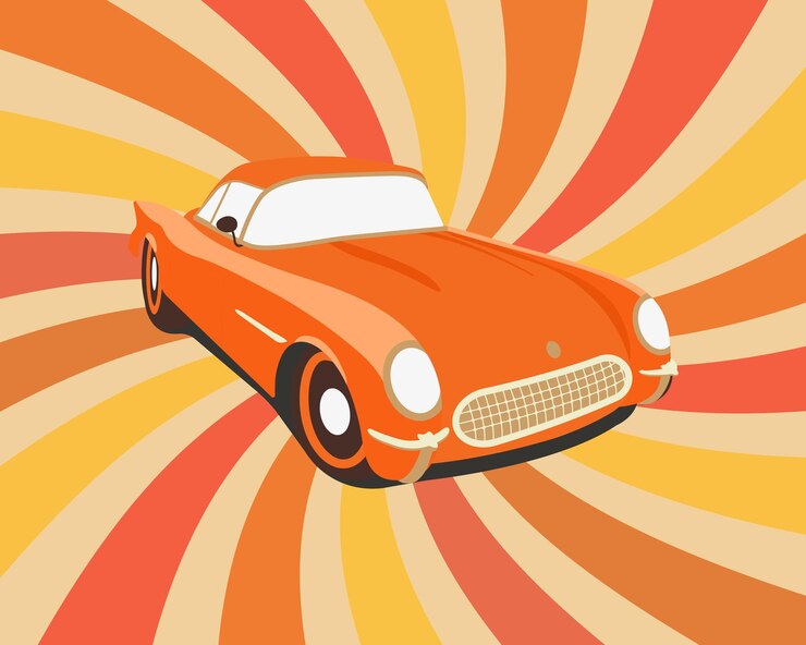 Vector coche retro aislado sobre fondo blanco 1953 chevrolet corvette orange vintage car en retro sunburs