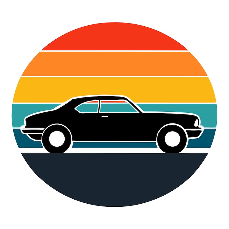 Vector coche retro con un atardecer retro