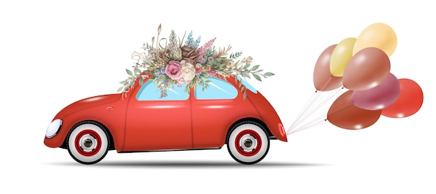 Un coche retro rojo con un ramo de globos de helio rojo y flores festivas en un fondo blanco Ilustración vectorial