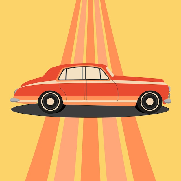 Vector coche retro rojo sobre fondo amarillo con fondo vintage