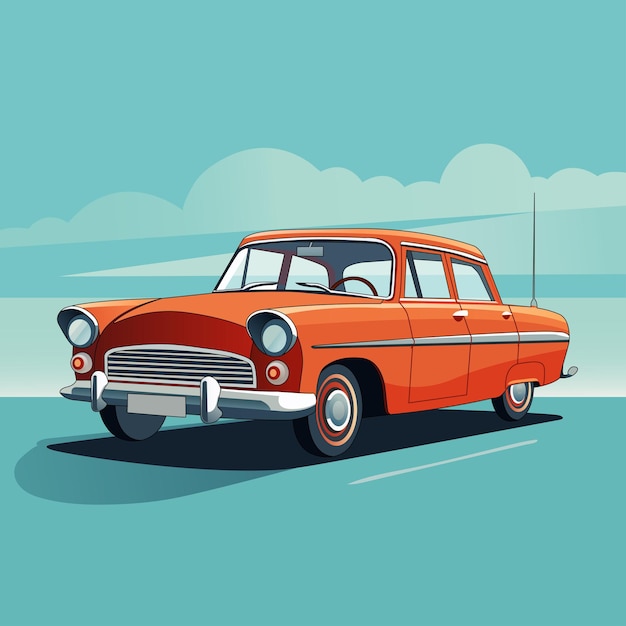 Coche retro sobre un fondo de nube azul Vector Ilustración manual