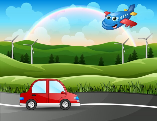 Coche rojo con un avión por el camino natural