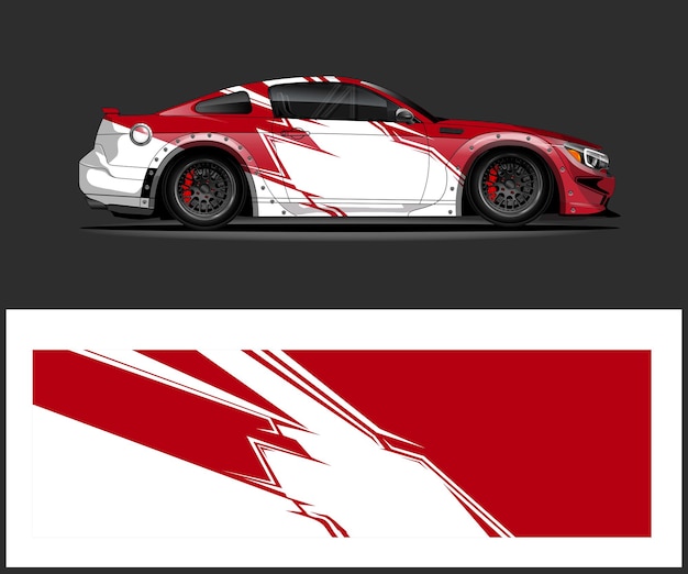 un coche rojo y blanco con una franja roja y la parte delantera del coche tiene una franga roja