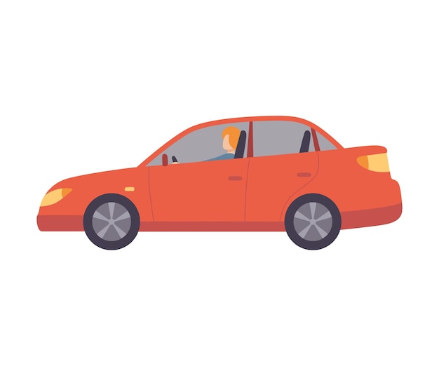 Coche rojo con conductor femenino Ilustración vectorial de vista lateral Ilustración vectorial