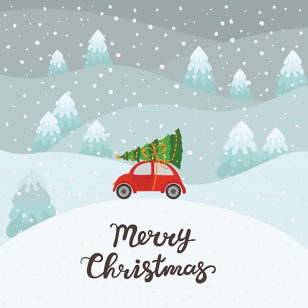 Coche rojo con fondo de árbol de Navidad