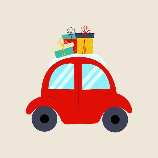 Coche rojo lleva regalos en el techo Ilustración vectorial en estilo plano