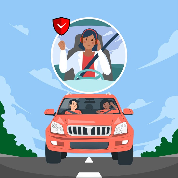 Vector un coche rojo con una mujer en la parte de atrás y un cartel que dice "consigue tu coche"