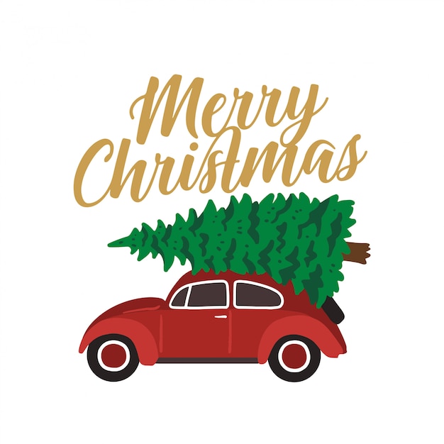 coche rojo que lleva el árbol de navidad