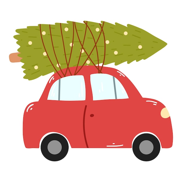 Coche rojo retro con árbol de Navidad en estilo plano de dibujos animados Ilustración vectorial dibujada a mano para volante de cartel de tarjeta impresa