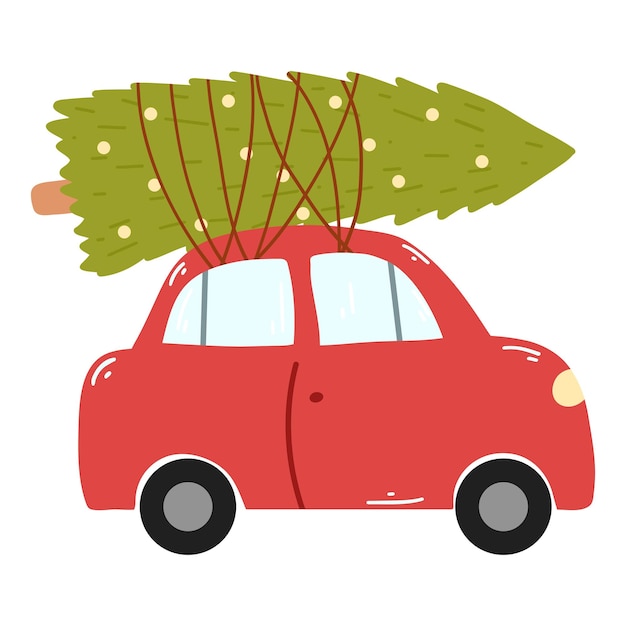 Vector coche rojo retro con árbol de navidad en estilo plano de dibujos animados ilustración vectorial dibujada a mano para volante de cartel de tarjeta impresa