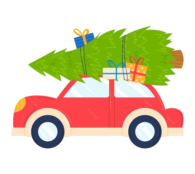 Coche rojo vintage con ilustración de vector de tarjeta de Navidad de entrega de árbol de Navidad aislado en