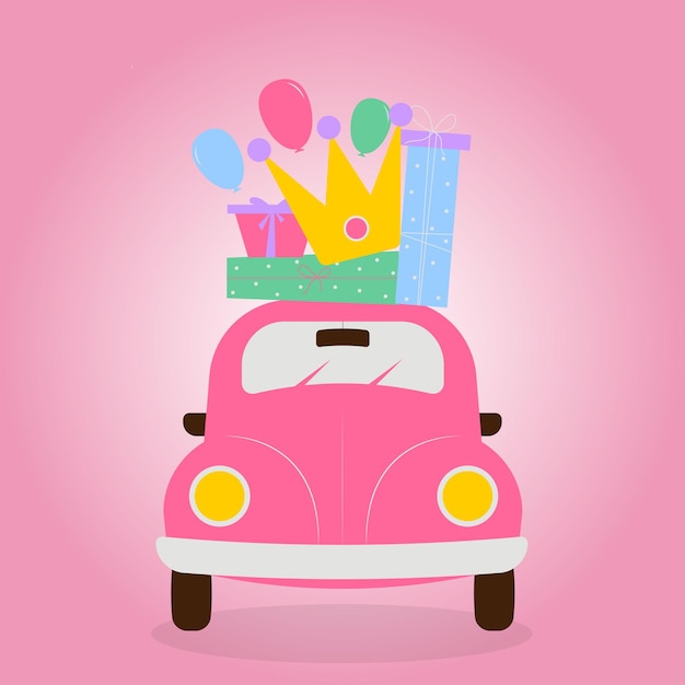 Coche rosa retro con regalos en el techo para una princesa en una ilustración de vector de fondo aislado