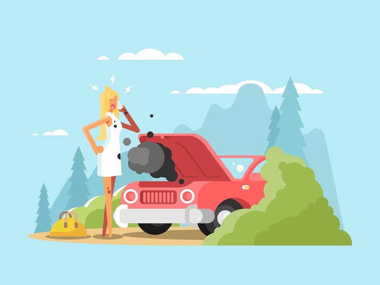 Vector coche rubio y roto. conductor de mujer joven en la carretera, ilustración vectorial
