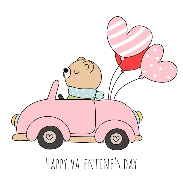 Coche de san valentín con lindo oso.