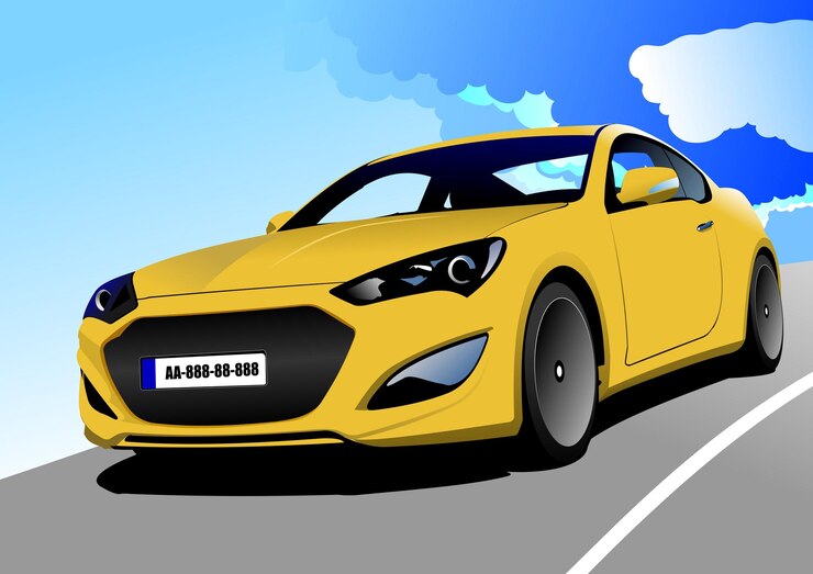 Vector coche sedán amarillo en la carretera