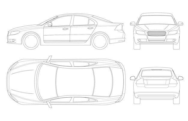 Coche sedán en contorno. vector de plantilla de vehículo sedán de negocios aislado en blanco. vista frontal, posterior, lateral, superior. todos los elementos en grupos.