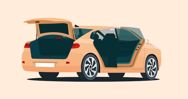 Vector coche sedán con maletero abierto y puerta ilustración vectorial