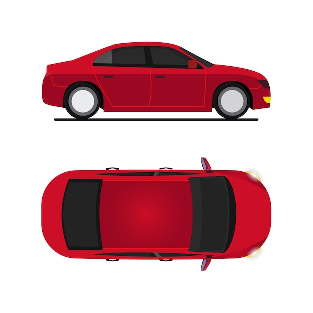 un coche sedán rojo en el lado y la ilustración plana de la vista superior