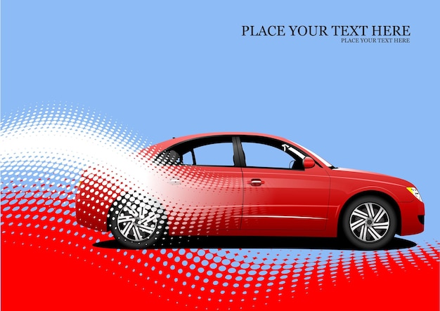 Coche sedán rojo sobre fondo punteado Ilustración 3d de color vectorial