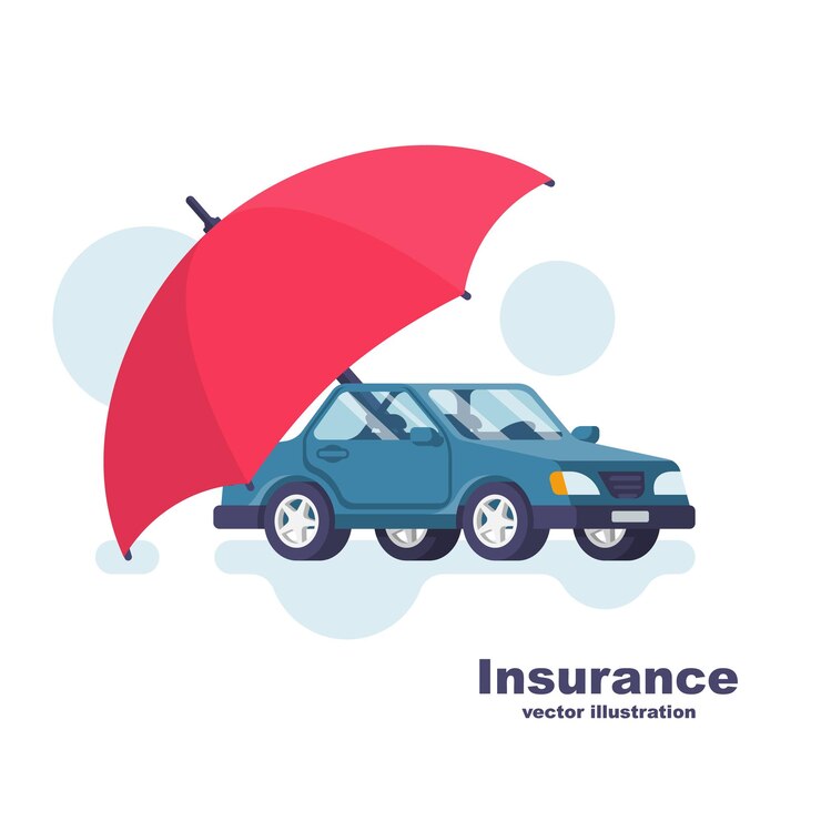 Vector coche de seguro. paraguas estilo cartoon que protege el coche. concepto automático de seguridad. diseño de icono plano de ilustración vectorial. aislado sobre fondo blanco. protección de vehículos.