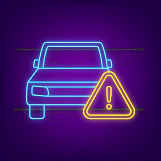 Coche y señal de advertencia alerta y precaución icono de neón Vector stock ilustración