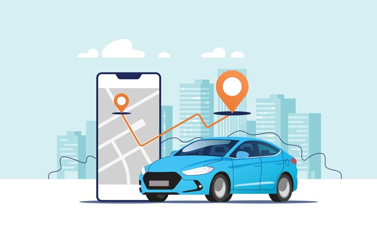 Vector coche, smartphone con ruta en el fondo del paisaje urbano. sistemas de navegación por satélite y coche.