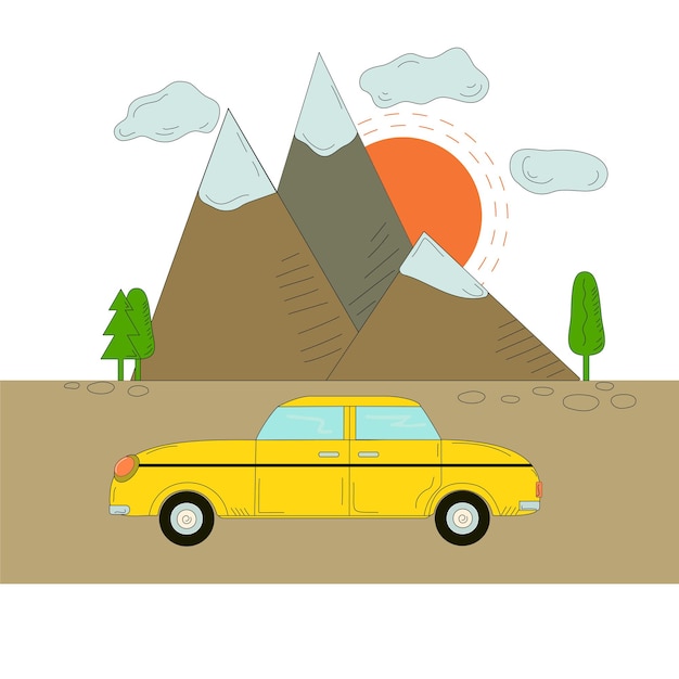 Coche sol y montañas vector doodle ilustración turismo viajes en las montañas en coche