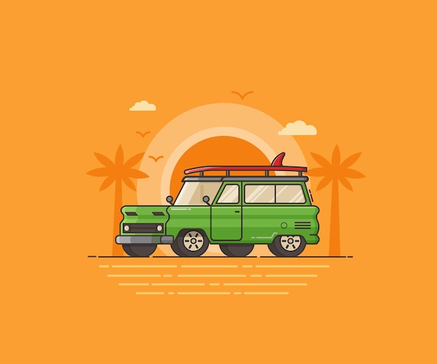 Coche de surf en el fondo de Palm Beach. Ilustración de vector de concepto de viaje automático de surf en estilo plano. SUV verde con tabla de surf en la playa. Paisaje de verano con automóvil sobre fondo de puesta de sol tropical.