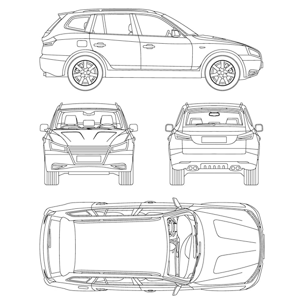 Coche suv 4x4 línea dibujar alquiler estado de daños formulario de informe plano vista frontal lateral superior