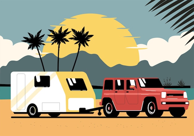 Coche suv y caravana de remolque en el paisaje de fondo. ilustración vectorial.