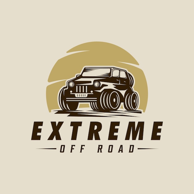 Coche todoterreno con sol logo vintage vector ilustración plantilla icono diseño gráfico vehículo para aventura al aire libre signo o símbolo con concepto de estilo retro