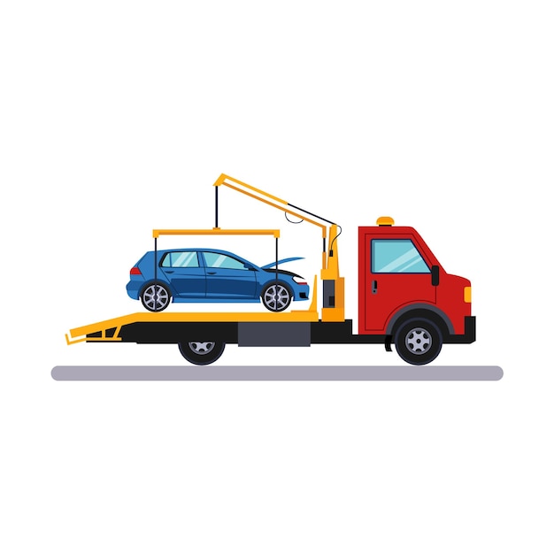 Vector coche y transporte. coche en el evacuador. ilustración vectorial plana