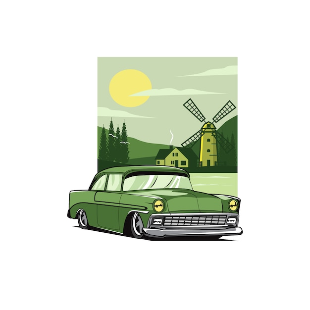 Coche verde y la ilustración del molino de viento