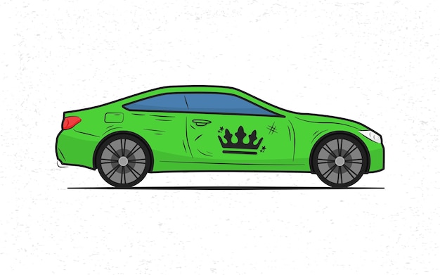 Coche verde moderno con pegatina de corona, ilustración de vehículo de vista lateral