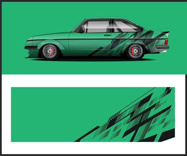 Un coche verde con un patrón a cuadros en el lateral.