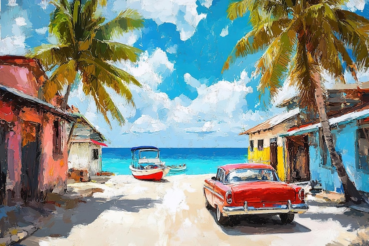 Vector un coche vintage estacionado en la playa rodeado de palmeras y barcos en la distancia un mar azul con