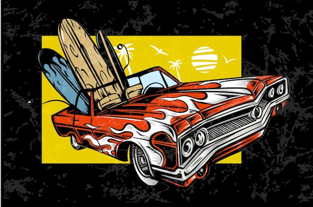 Coche vintage con palmeras de surf y el sol Vibes de verano de larga playa Ilustración vectorial de dibujo a mano