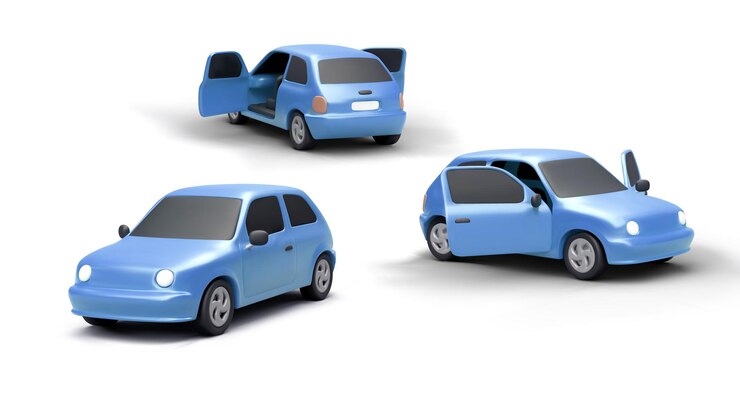 Vector coches azules realistas en estilo de dibujos animados vista frontal trasera conjunto de ilustraciones 3d de vehículos modernos con sombras coches vectoriales aislados con puertas abiertas