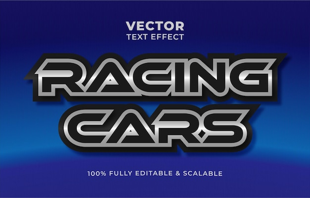 Coches de carreras con contornos de acero plateado y efecto de texto mate oscuro con fondo de gradiente azul