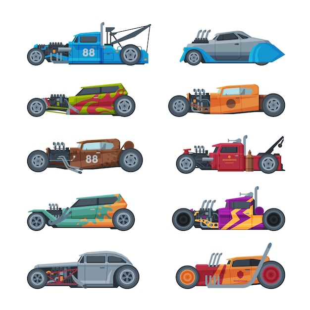 Coches de carreras de hot rod de estilo retro viejos automóviles deportivos ilustración vectorial sobre fondo blanco